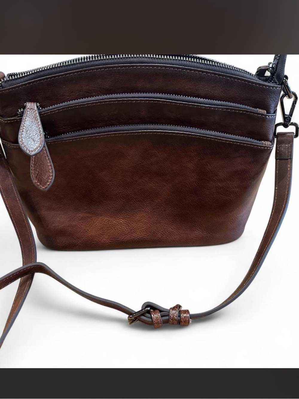 HESHE Genuine Leather Brown Crossbody Bag Multi Pocket NWOT